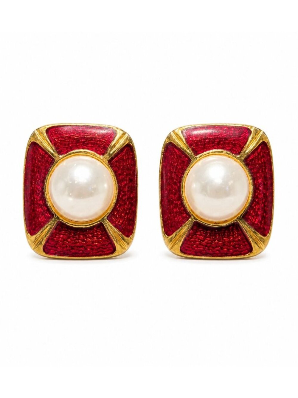 Vintage 1980s Big Pearl Red Glitter Square Old Money Clip-On Earrings